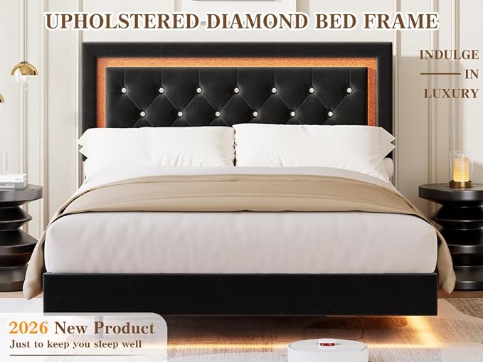 Garvee Floating Bed Frame Full Size with Smart Led Lights, Upholstered Platform Bed with Diamond Headboard, Solid Wood Slats Support, No Box Spring Needed, Noise-Free, Easy Assembly, Black