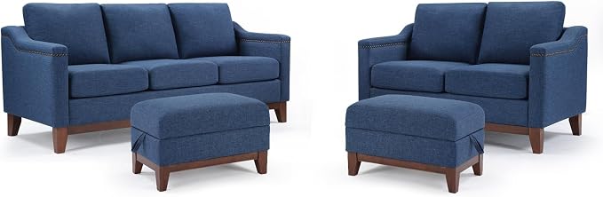 HAOMARKETS 4 Piece Fabric Sofa Set with Nailhead Trim, Included Loveseat 2-Seater Sofa with Thicked Cushion, 3-Seater couches and 2 Storage Ottoman with Flip-Top Table for Living Room,Blue