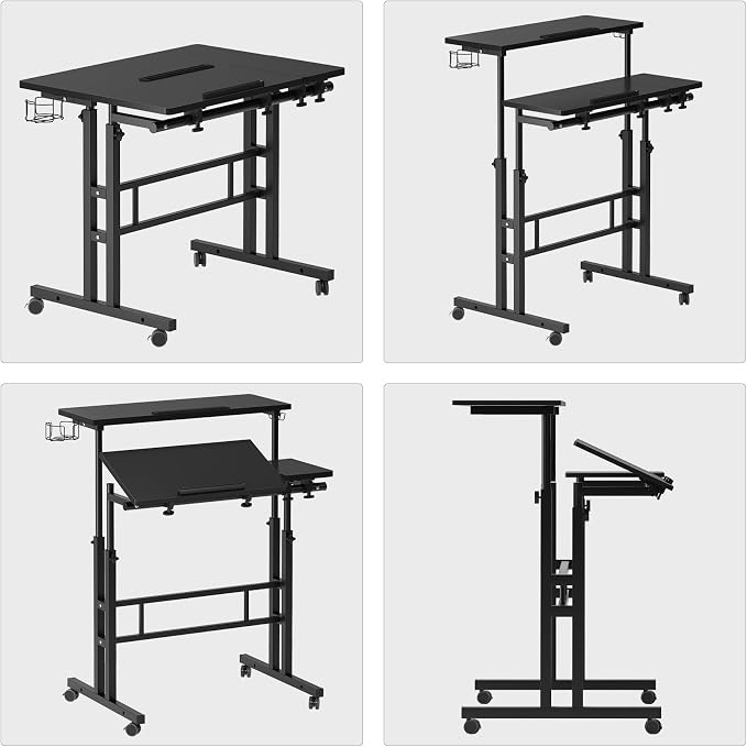 SogesHome 31.5 inch Mobile Standing Desk Adjustable Computer Desk Rolling Laptop Cart Portable Laptop Stand on Wheels Home Office Workstation with Cup Holder,Headphone Holder, Upgrade Black