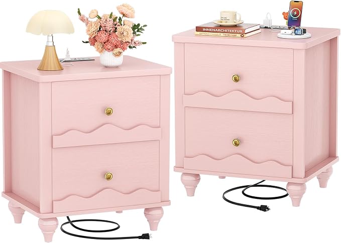 Cyclysio Pink Nightstand with Charging Station Set of 2, Scalloped Bedside Table with 2 Smooth Drawers, Modern End Table with Solid Wood Legs for Bedroom and Small Spaces