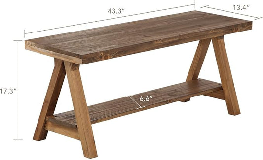 Wnutrees 43" Farmhouse Wood Bench, Long Rustic Indoor Storage Bench for Entryway, Living Room, End of Bed, Original Solid Wood Construction