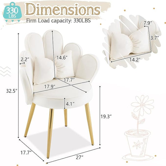 VINGLI Petal Makeup Vanity Chair with Back,Flower Cute Girls Desk Chair Comfy No Wheels,Modern Dining Chair,Small Accent Chair with Adustable Gold Legs&Bow Pillow for Home Office,Bedroom,Velvet,White
