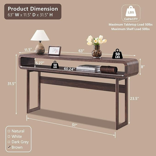 IFGET 63-Inch Long Console Table, 31.5" Tall Modern Entryway Table with Open Storage Shelf, Curved Profile Design, Narrow Wood Sofa Table Behind Couch Tables for Living Room, Hallway, Foyer, Brown
