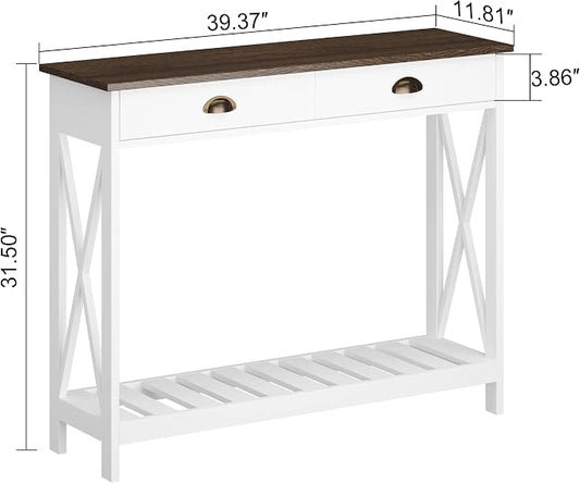 ChooChoo Farmhouse Console Table with Drawer for Entryway, Narrow Long Entry Table with Shelf for Living Room, Rustic Vintage Hallway Sofa Table with Stable X Supports, 40 White