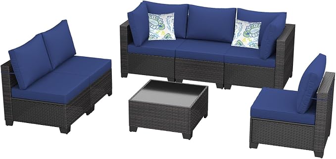 7 Pieces Patio Furniture Set, Outdoor Sectional Rattan Sofa Set, Wicker Patio Conversation Set with Cushions and Glass Coffee Table, for Balcony, Porch, Garden, (Brown/Blue)