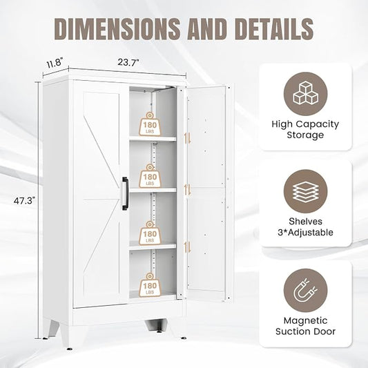 Yizosh Metal Storage Cabinet with 2 Doors and 3 Adjustable Shelves - 47" White Kitchen Pantry Storage Cabinet Locker for Kitchen,Living Room,Dining Room
