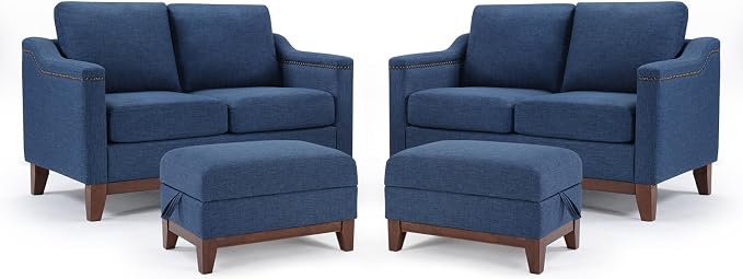 HAOMARKETS 4 Piece Fabric Sofa Set with Nailhead Trim, Included 2 Loveseat 2-Seater Couch with Thicked Cushion and 2 Upholstered Storage Ottoman with Flip-Top Table, Living Room Furniture Set,Blue