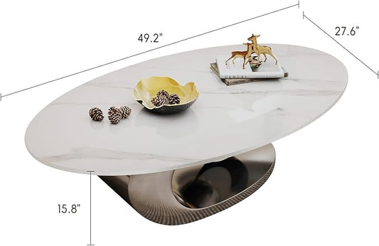 Modern Oval Stone Coffee Table with Gray Metal Base - Elegant Centerpiece for Stylish Living Rooms - 49.2" Lx27.6 Wx15.8 H