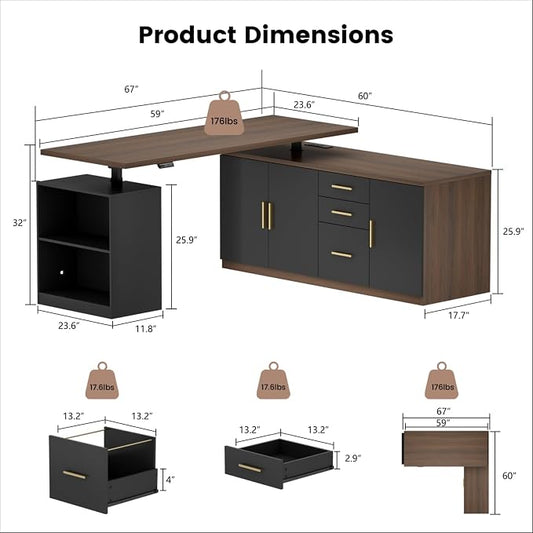 ModernMate L Shaped Electric Standing Desk with Drawers & File Cabinet, 67x60 Corner Executive Workstation, 59" One-Piece Desktop, Height Adjustable with Charging Station for Home Office, Black Walnut