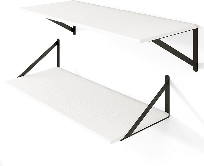 Heimlove White Deep Floating Shelves for Wall, 28W x 12D Wood Wall Shelves Set of 2, Wide Floating Bookshelf for Living Room, Kitchen, Office, Bedroom and Decor Storage, with Black Bracket - White