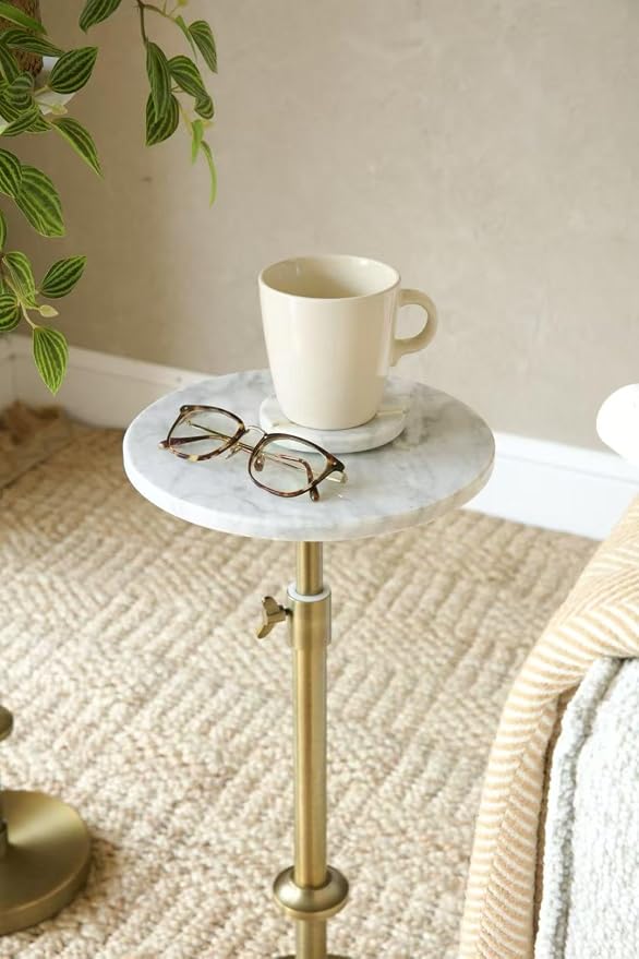 Adjustable-Height Marble Drink Table - 10x10x22-30, White Marble & Antique Brass, Modern Round End Table, Side Table with Pedestal Stand for Small Spaces, Vintage Metal Martini Cocktail Accent