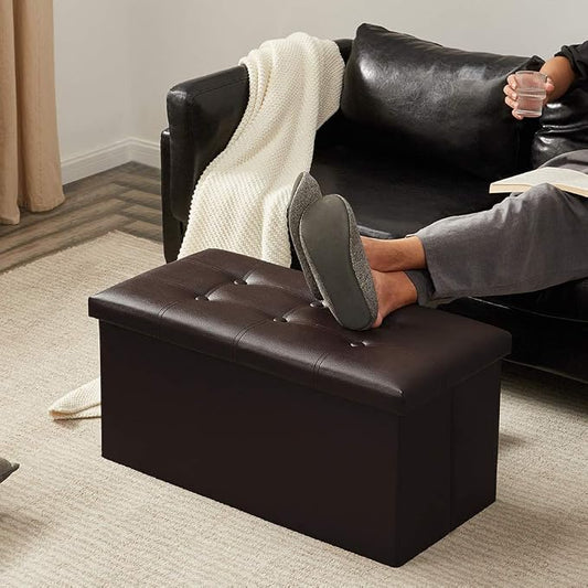 YOUDENOVA Folding Storage Ottoman, Faux Leather Ottoman Bench Footrest Ottoman, Storage Chest Padded Seat for Bedroom and Living Room, Brown, 15" D x 30" W x 15" H