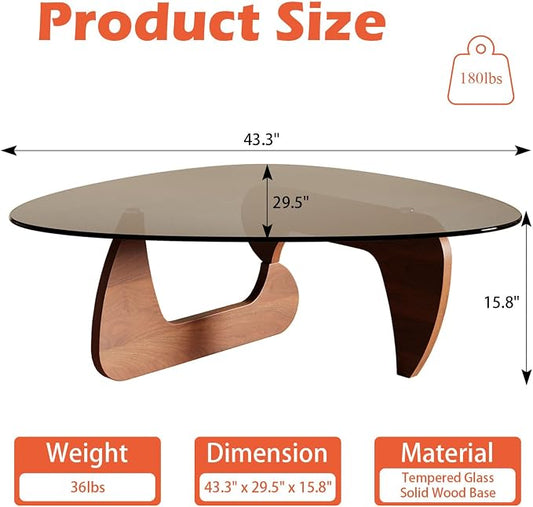 Modern Coffee Table for Living Room and Small Spaces, 43.3" x 29.5" x 15.8" Triangle Tempered Glass Table Top and Eco-Friendly Solid Wood Base, Walnut