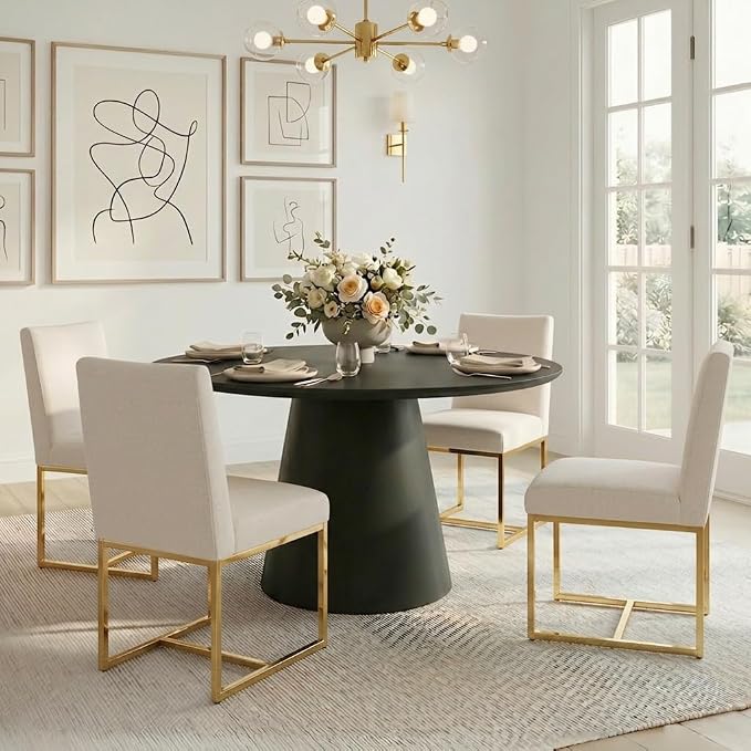 HNY Modern Dining Chairs Set of 4, Upholstered Linen Dining Room Chairs with Ergonomic Back & Polished Gold Metal Frame for Home, Kitchen, Apartment, Cream
