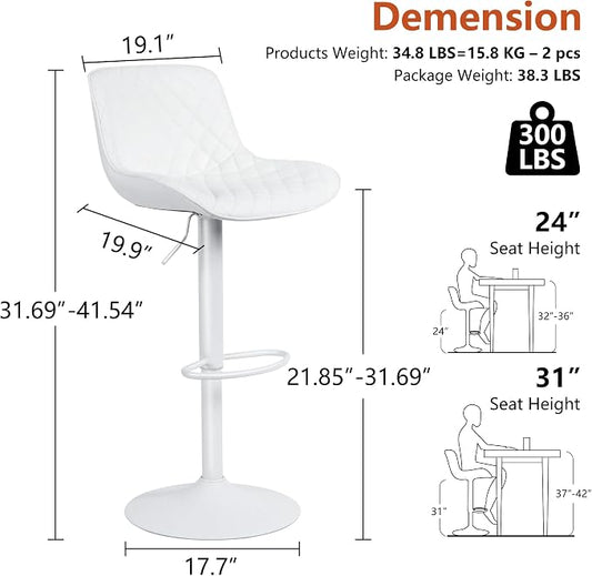 YOUTASTE All White Bar Stools Set of 2, Upholstered Counter Height Bar Stool, Adjustable Swivel Faux Leather Barstools, with Padded Back, Metal Base, Kitchen Chairs for Home Island