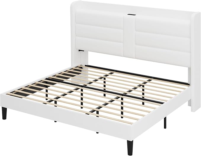 Allewie King Size Platform Bed Frame with Charging Station & Storage Headboard, Upholstered Velvet Wingback Design & USB Port, Strong Wooden Slats Support, No Box Spring Needed, Easy Assembly, White