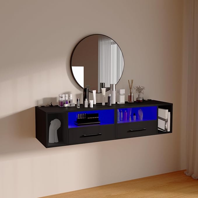 Homaterial Floating Nightstand with Charging Station and LED Lights, Floating Bedside Table with Drawers Wall Mounted Nightstands,for Bedroom Room, 21.3" x 11.8" x 10",Black