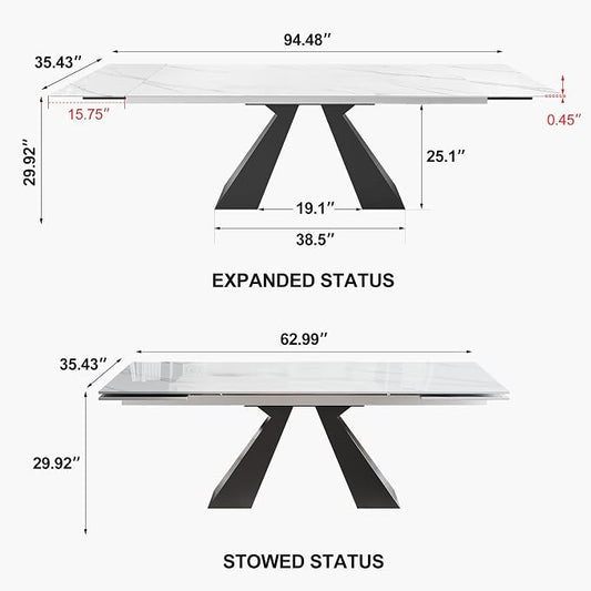 Modern Telescoping Dining Table for 8-10 People, 63-94.5 Inch Retractable White Simulated Marble Tabletop Thick Carbon Steel Base for Dining Room Kitchen Family Party