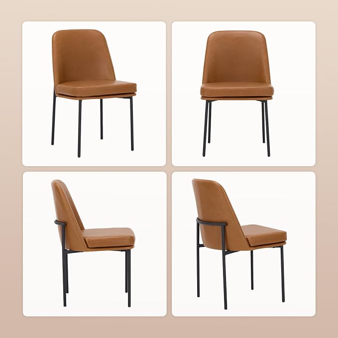 COLAMY Dining Chairs Set of 2, Modern Dining Chair, Leather Upholstered Dining Chairs, Kitchen Chairs with Curved Back and Metal Legs for Dining Room Kitchen Restaurant, Brown