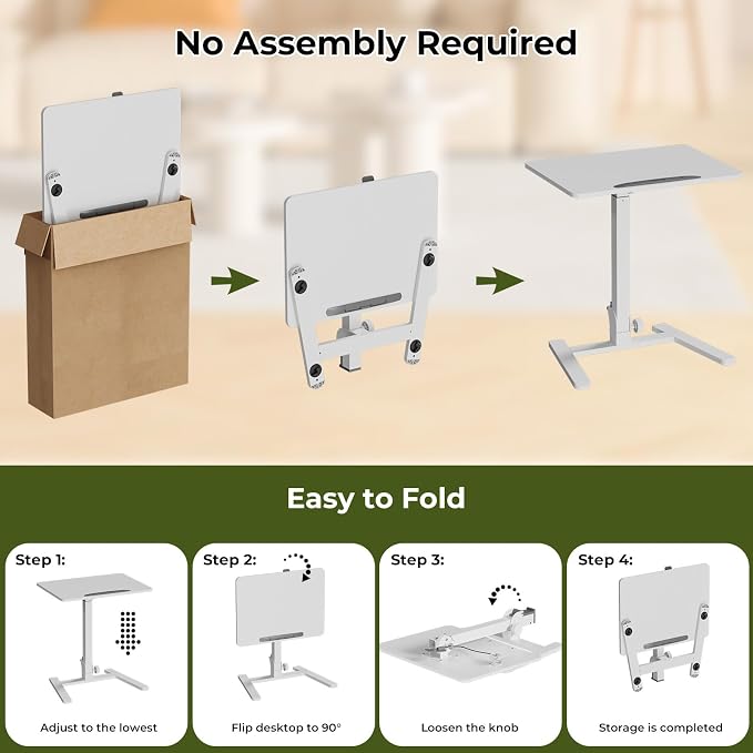 Gibbon Mounts Foldable Standing Desk,Small Mobile Sit-Stand Desk with 90 Tiltable Top,Rolling Rising Laptop Workstation Adjustable Height,Portable Table on Hidden Wheels/4 Lockable Casters,White