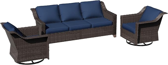3 Pieces Patio Conversation Furniture Set - 1 Sofa, 2 Swivel Chairs, Outdoor Wicker Furniture with Removable Cushions for Porch, Balcony, Sunroom (Blue)