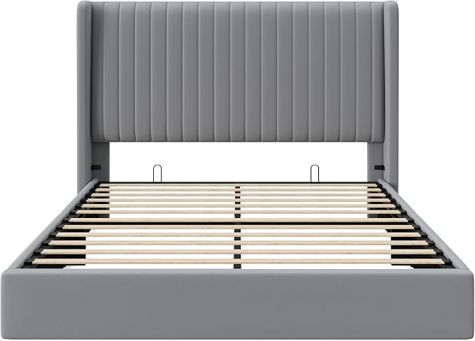 Allewie Queen Size Lift Up Storage Bed Frame, Hydraulic Support System, Upholstered Platform Bed Frame, Underneath Storage, Vertical Channel Tufted Headboard with Wingback, No Box Spring Needed, Grey