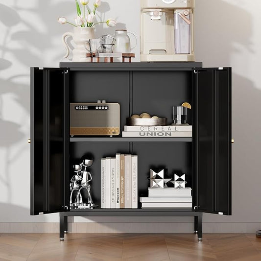 2 Door Metal Accent Storage Cabinet for Home, Living Room, Office Room,Kitchen-Metal Locker Cabinet with 1 Adjustable Shelves-2-Tier (Small 2 Door Cabinet, Black)