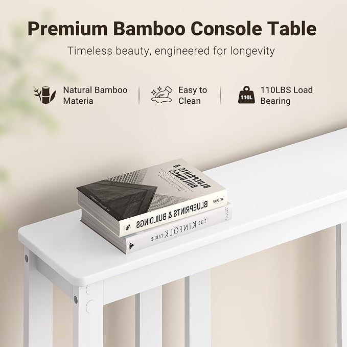 ELYKEN Bamboo 2-Tier Narrow Console Table, 36.2" Long Slim Sofa Table Behind Couch for Entryway, Hallway, Living Room, White