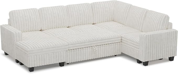 Belffin Corduroy Sleeper Sofa Bed with Storage Chaise Modular Sectional Sofa Couch with Pull Out Bed L Shaped Sectional Couches for Living Room Beige Couch