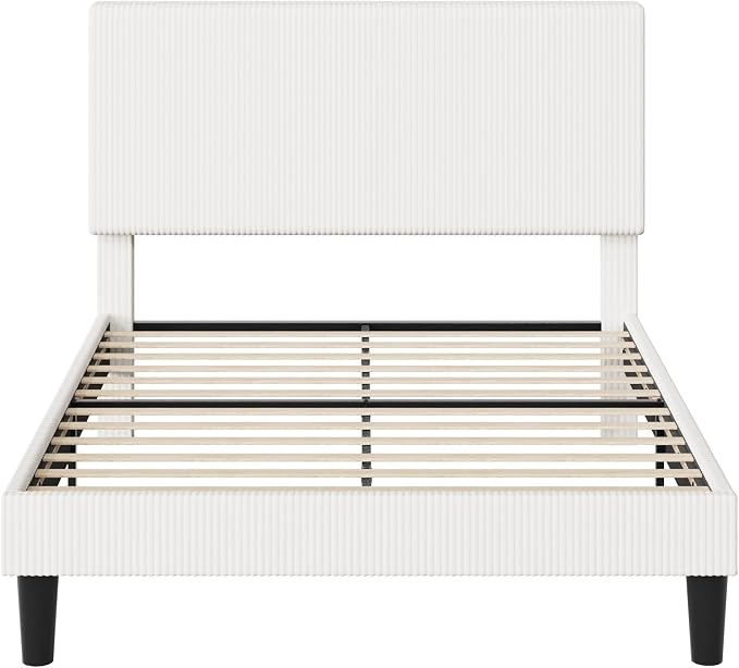 Allewie Full Size Upholstered Bed Frame with Vertical Channel Tufted Headboard, Soft Corduroy Fabric Platform Bed, Strong Wooden Slats Support, Easy Assembly, No Box Spring Needed, White