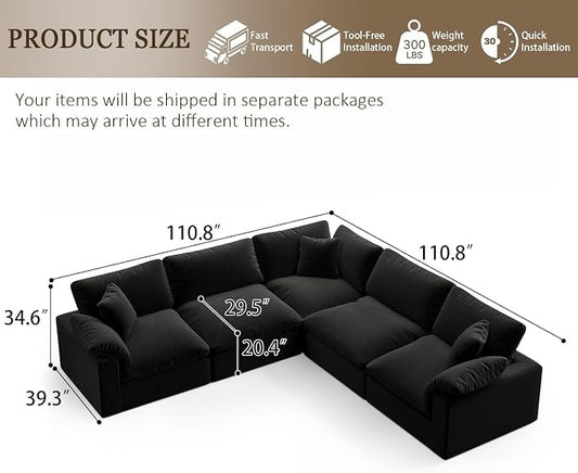 211.6" Cloud Modular Sectional Sofa,Black Down Filled Sofa 5 Seat,Minimalist Sofa Cover Washable and Replaceable Couches for Living Room,Sectional Sofa Deep Seat