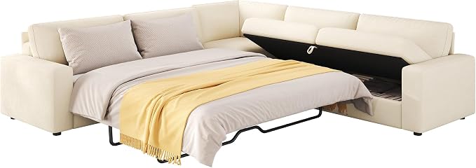 AMERLIFE 106" Oversized Sofa Bed, Sectional Sleeper Sofa with Pull Out Bed, 3 in 1 Convertible Sofa Bed, L Shaped Couch with Storage, High Resilience Mattress, Chenille Beige