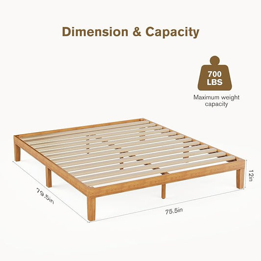 Sweetcrispy King Size Bed Frame 12 inch Heavy Duty Platform Bedframe, 1000 lbs Capacity, Underbed Storage, No Box Spring Needed, Wooden Slats, Easy Assembly with Velcro, Honey Finish