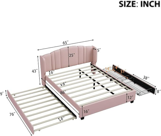 Merax Queen Size Platform Bed Frame with Twin Trundle, Storage 2 Drawers and Upholstered Headboard, No Box Spring Needed