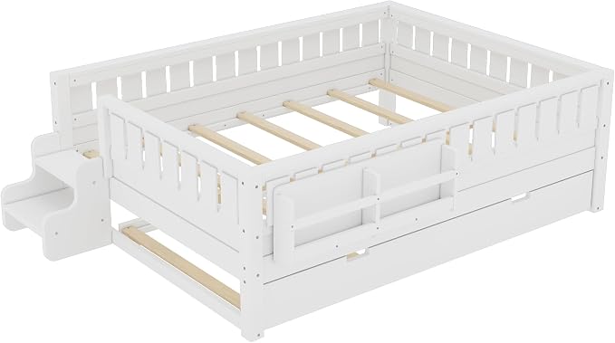 Bellemave Full Size Kids Bed with high Rails and with Built-in Bookshelf and Trundle for Kids, Girls, Boys, Wood Montessori Bed Without Door, White
