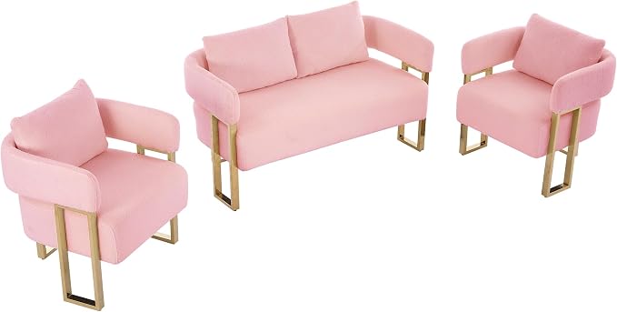 YISHENG Loveseat Sofa and 2 Accent Chairs Comfy Sofa Modern Accent Chairs for Living Room with Golden Legs Teddy Upholstered Reading Armchairs no Wheels for Reception Room//Bedroom/Lounge/Office,Pink