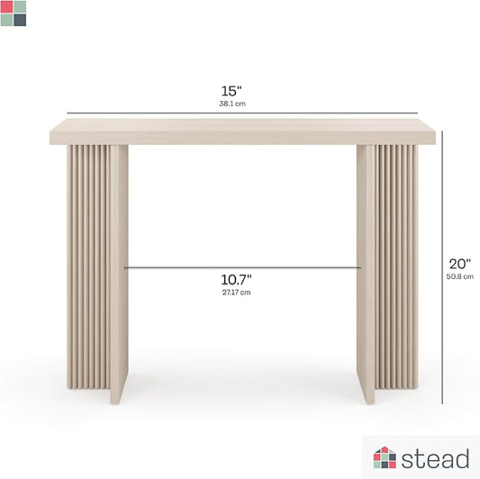 Stead Fluted Console Table – Weathered White Solid Wood Entryway Table with Oak Grain Veneer, Curved Base & Adjustable Feet – Modern Farmhouse Fluted Console Table for Hallway or Living Room.