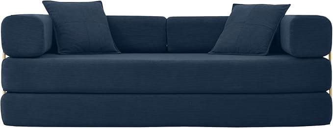 4-in-1 Folding Convertible Sofa Bed, 78 Inch Boneless Couch with Fixed-Shape Frame, Corduroy Loveseat Sleeper with Pull Out Bed, Floor Sofa Modular Futon Couch for Living Room Bedroom Lounge (Blue)