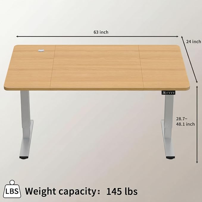 Furmax Electric Height Adjustable Standing Desk Large 63 x 24 Inches Sit Stand Up Desk Home Office Computer Desk Memory Preset with T-Shaped Metal Bracket, Wood