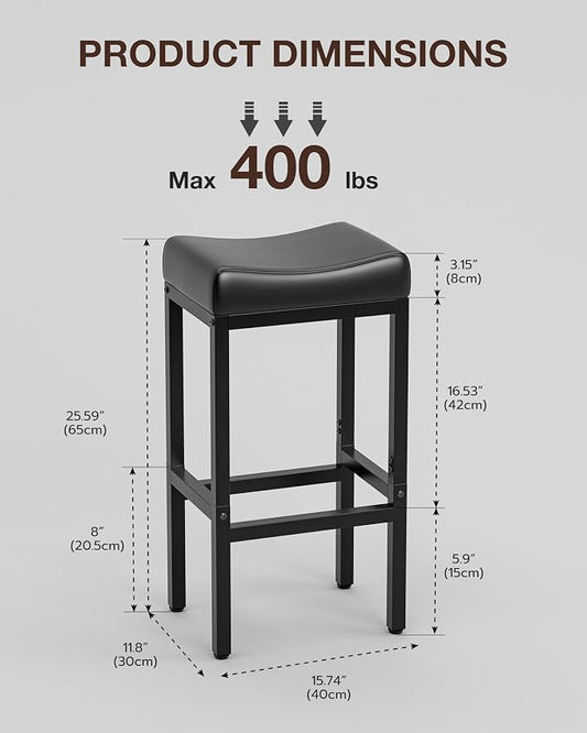 Bar Stools Set of 2-24 Inch Counter Height Chairs for Kitchen Island, Leather Seat with 400 LBS Heavy-Duty Metal Frame and Adjustable Feet, Easy to Assemble for Bar, Café or Dining Room,Black
