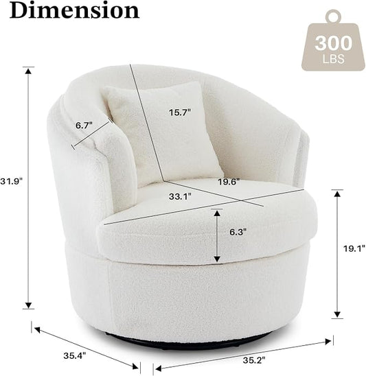 Swivel Accent Chair, 360 Degree Round Swivel Barrel Chair with Pillow, Widened Upholstered Boucle Chair Comfy Sherpa Barrel Armchair for Living Room Bedroom Reading Room, White