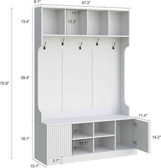 Hall Tree with Bench and Shoe Storage, 5-in-1 Entryway Coat Rack with LED Sensor Light, Hooks and Storage Cubes, Shoe Cabinet with Fluted Door, Modern Hall Tree for Entryway, Living Room