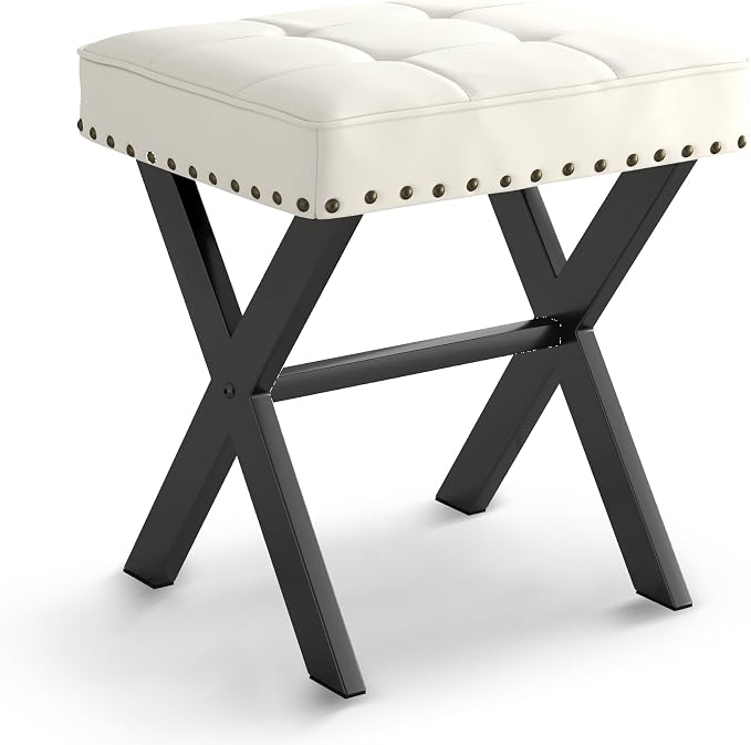 LUE BONA White Vanity Stool - Square Faux Leather Makeup Seat With Metal X Legs, Small Ottoman Chair for Makeup Room, Living Room, Bathroom - Padded Foot Rest