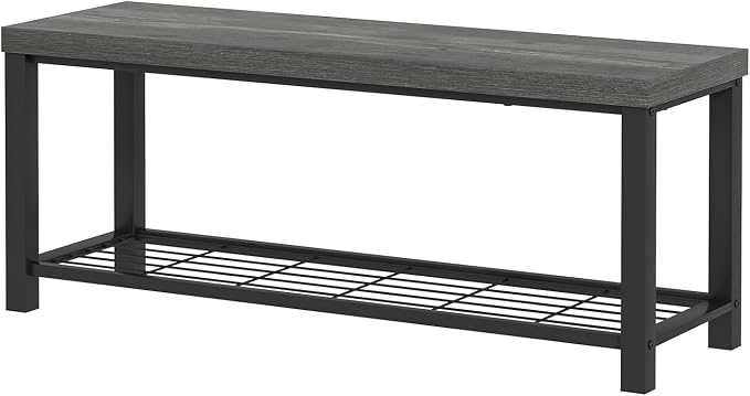 EXCEFUR Entryway Bench, Industrial Metal and Wood Storage Bench for Living Room, Indoor Shoe Rack Bench Seat, 43.3 Inch Grey