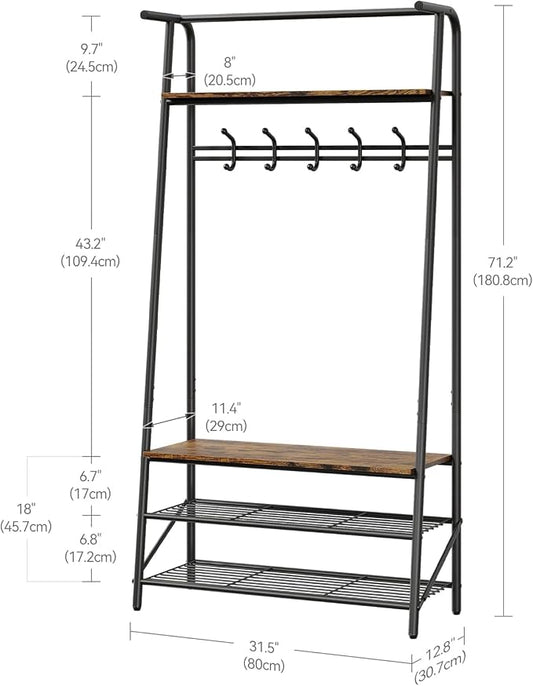 OUTLANE Entryway Hall Tree with 5 Hooks, Shoe Bench & Storage Shelf, Coat Rack Organizer with Wood Accents and Metal Frame for Entryway, Living Room, Bedroom, Rustic Brown-Single row