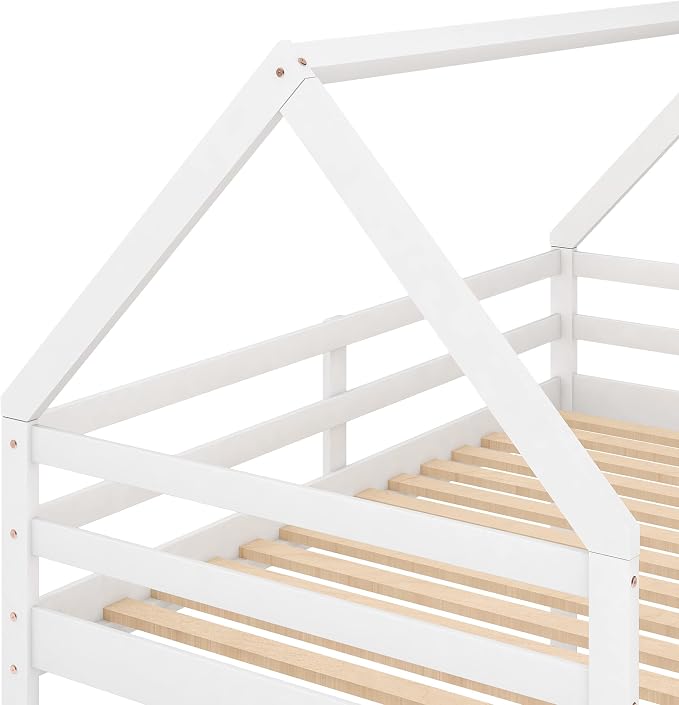 Merax Modern Floor Bunk Bed with Ladder Twin Over Twin, Wood House Shaped Bunk Bed Frame for Kids Boys Girls, No Box Spring Needed White