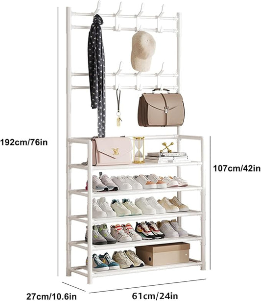 ikaufen 5-Tier Entryway Coat Rack Shoe Shelf, 2-in-1 Hall Tree with 8 Hooks, Thickened Plastic Storage Organizer for Shoes, Bags, Hats (Black/White) (White)