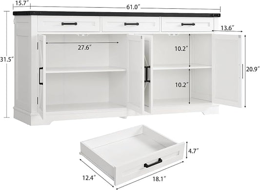 usikey Large Sideboard Buffet Cabinet with 4 Doors and 3 Drawers, Farmhouse Buffet Table, Dining Room Storage Cabinet for Kitchen or Living Room, White