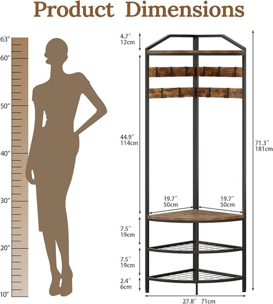GiftGo Corner Hall Tree with Shoe Bench Entryway Coat Rack with 10 Metal Movable Hooks Floor Standing Clothes Rack Shoes Shelf Organizer for Home Office Bedroom (Rustic Brown)