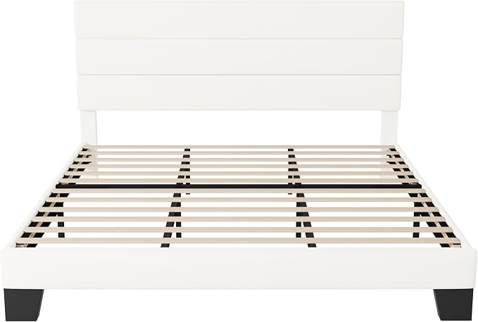 Allewie King Size Platform Bed Frame with Velvet Upholstered Headboard and Wooden Slats Support, Fully Upholstered Mattress Foundation/No Box Spring Needed/Easy Assembly, White